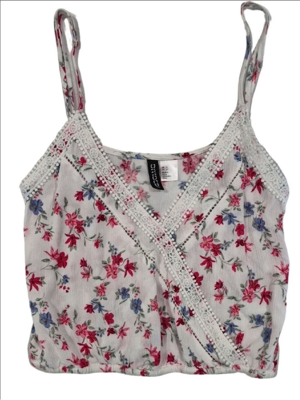 Divided By H&M White Floral Lace-Trim Wrap Cami